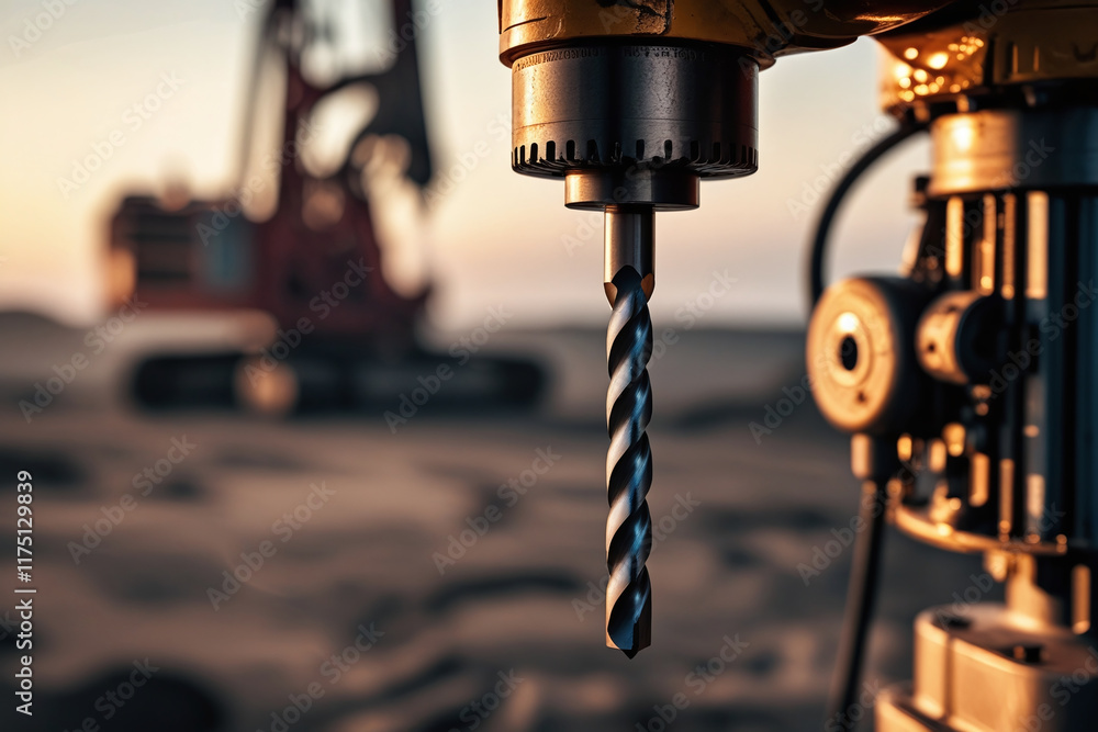 Poster a close-up of a drilling machine with an installed drill bit is shown. the drill has a spiral shape 