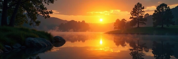 Fototapeta premium Yellow spotlight shines on a still pond at sunset, spotlight, , abstract