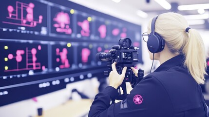 Fototapeta premium Blonde Woman Filmmaker Operating Professional Camera in Modern Studio Setting