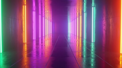 Neon Lights Illuminate Wet Corridor Walls