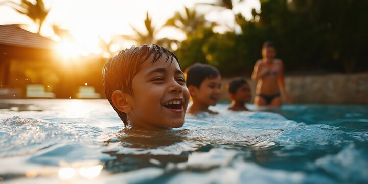 Children laughing as they splash in a resort pool, with the sparkling water reflecting the bright afternoon sun and a lifeguard keeping watch in the background