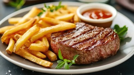 A steak and fries combo with a perfectly cooked steak, crispy fries, and a small dipping sauce on a plate.