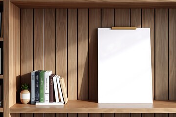 Blank Canvas Mockup: A minimalist, sleek mockup featuring a blank white canvas poster on a wooden shelf, surrounded by a stack of books, a potted succulent plant, and bathed in warm sunlight.