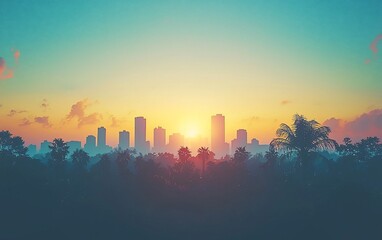 Fototapeta premium Sunrise cityscape silhouette over tropical trees.