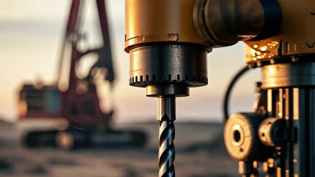 A close-up of a drilling machine with an installed drill bit is shown. The drill has a spiral shape and a metallic luster. Construction machinery is visible in the background, out of focus.,