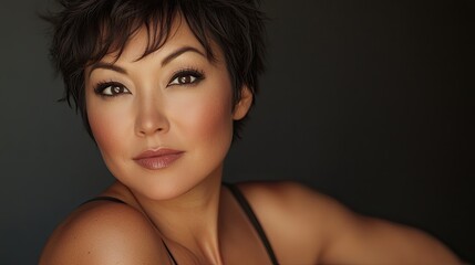 Fototapeta premium A woman with short brown hair looks thoughtfully