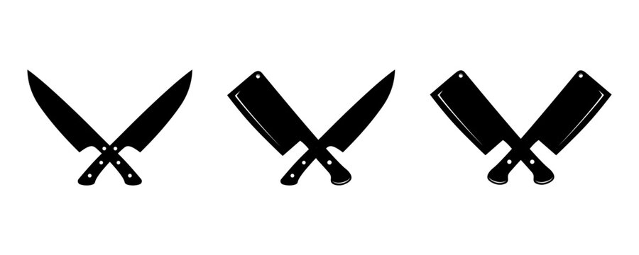 Meat cutting knives set. Set of butcher meat knives vector. Restaurant or cafe kitchen slicing knives, chef stainless knife set 