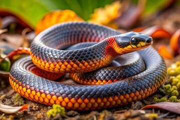 Fototapeta premium Ring-necked Snake Defensive Posture, Coiled in Natural Habitat, Close-up
