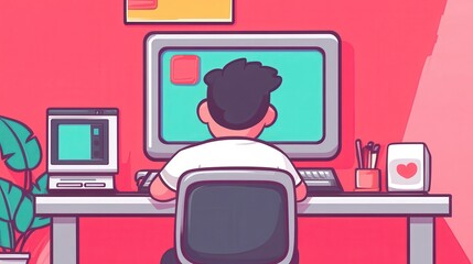 Person Working on Retro Computer Desk Setup 80s Style Digital Art Illustration