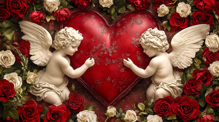 Two cherubs with wings holding a large heart on a background with white and red roses