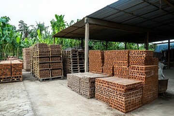 Stacked bricks, pallets, outdoor storage, tropical setting.
