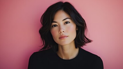 Fototapeta premium Young Woman With Short Dark Hair Against Pink Background