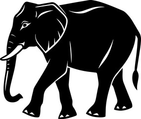 Fototapeta premium Black Silhouette of a Walking Elephant on a White Background - Vector Illustration