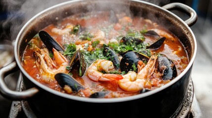 A steaming pot of seafood tom yum soup, filled with shrimp, squid, mussels, and fresh herbs.