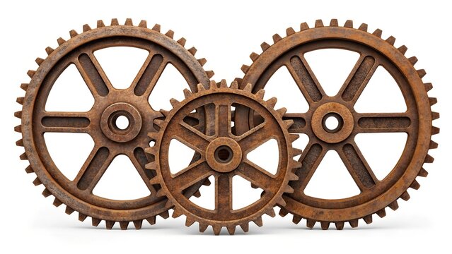 Three large rusty metal cogwheels, isolated on a white background, showing aged patina and intricate mechanical details. Suitable for steampunk art, engineering visuals, or industrial-themed projects.