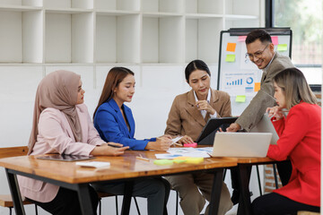 Business asian people, happy and celebration for success in office with company investment and stock market bonus. Teamwork, employees and support or trading achievement excited in boardroom.