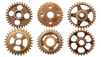 Six detailed rusty cogwheels, each with unique patterns and shapes, isolated on a white background, representing aged mechanical design and industrial heritage.