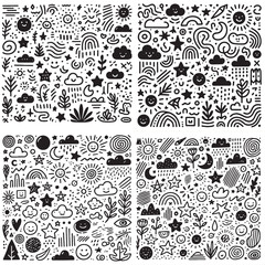 Set of hand-drawn pattern vector images featuring unique, intricate designs. Perfect for backgrounds, textiles, or creative projects. High-quality, scalable, and versatile digital artwork.