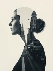 A double exposure of an adult woman head and the silhouette of buildings