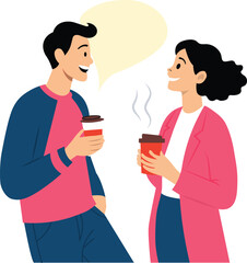  people with hot drinks talking during coffee break. Smiling man and woman chatting. illustration