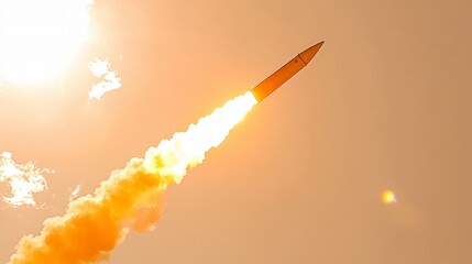 Missile Launch Rocket Ascension Fiery Exhaust Plume Daytime Sky Bright Sunlight