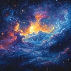 Fototapeta premium Colorful Cosmic Swirl Galactic Nebula Shapes Whimsical Creatures in Starry Sky