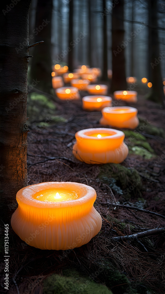 Poster lit candles in a forest path at dusk.