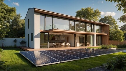 Modern Sustainable Home:  Solar Panels and Glass-Walled Design