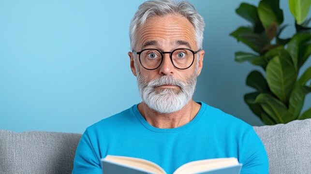 Surprised reader engaged in book cozy living room portrait photography home environment close-up view curiosity and learning