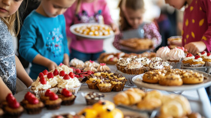 Children organizing charity bake sale with delicious treats