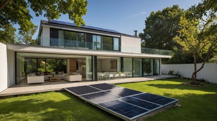 Modern Solar Home: Sleek Architecture, Green Energy, Serene Landscape