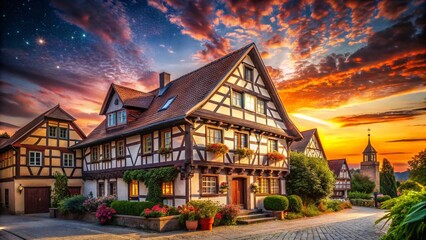 Obraz premium Romantic Bavarian Half-Timbered House at Dusk, Low Light Photography