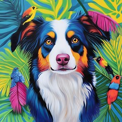 Naklejka premium A vibrant illustration of a dog surrounded by colorful birds and tropical foliage.
