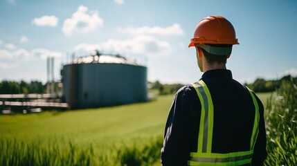 Worker in Safety Helmet Inspecting Biogas Production Facility