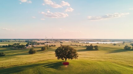 Fototapeta premium Serene Rural Landscape Wind Turbines Green Fields and Lone Tree with Bench