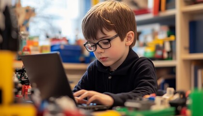 Fototapeta premium Young boy concentrating on laptop typing in home environment focused learning activity