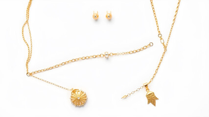 Gold jewelry isolated on white background. Flat lay, top view.&nbsp;Generative AI