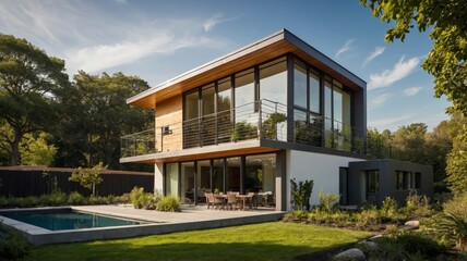 Modern Two-Story Home: Glass, Wood, and Tranquil Poolside Design