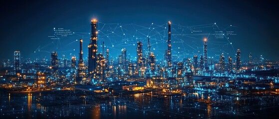 A nighttime industrial skyline illuminated by lights and connected by digital networks.