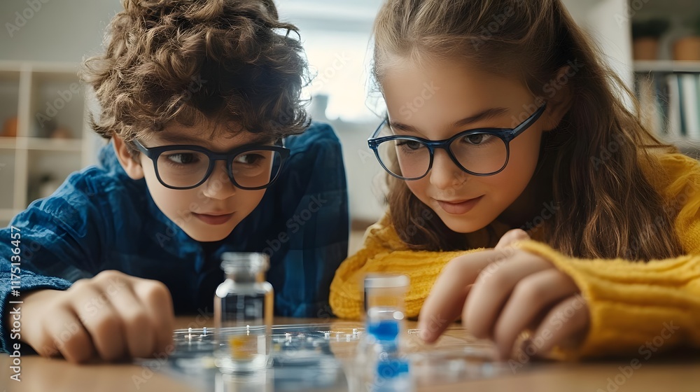 Poster two children with glasses engaged in a science experiment with vials and a board game.