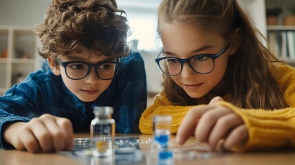 Two children with glasses engaged in a science experiment with vials and a board game.