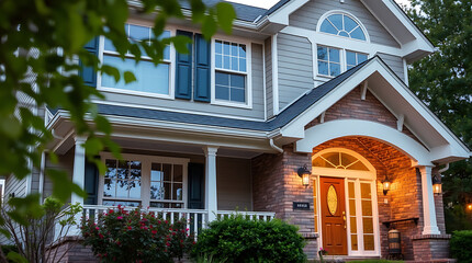 Two-story house, gray siding, brick accents, porch, large windows, dark shutters.  Warm lighting illuminates the entryway.  Landscaping includes shrubs and flowers. Part of a tree obscures the view.