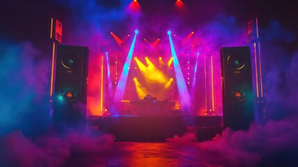 Colorful stage lights illuminate a DJ setup with large speakers and fog.