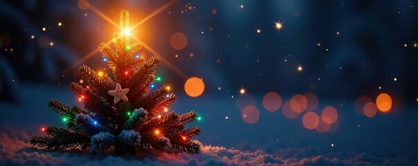 A shining light dances atop a fir tree covered in colorful LED lights, light, fir tree, stars