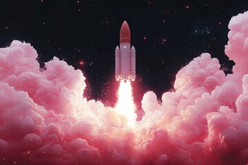Naklejka premium Space shuttle launch against a majestic pink cloud backdrop