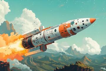 Fototapeta premium Retro futuristic space rocket launch in artistic landscape