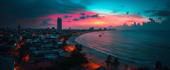 Obraz premium Vibrant sunset over coastal city skyline.