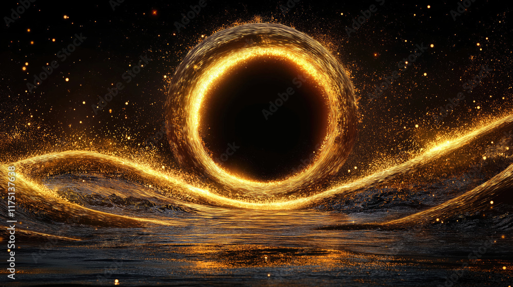 Poster luminous gold ring in cosmic wave setting with sparkling particles