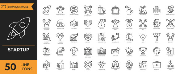 Startup icon set. Containing business, entrepreneurship, innovation, business plan, investment, launch, funding, investor and more icons.
