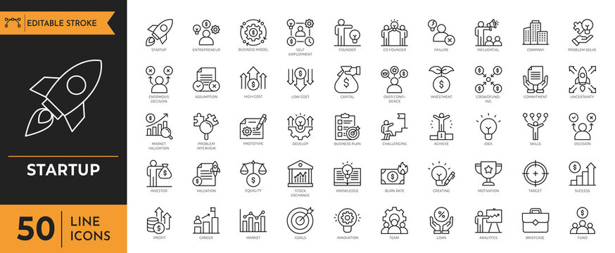 Startup icon set. Containing business, entrepreneurship, innovation, business plan, investment, launch, funding, investor and more icons.